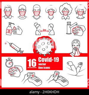 Vektorlinien-Symbole - Covid-19 Sicherheits- und Präventionsregeln festgelegt Stock Vektor
