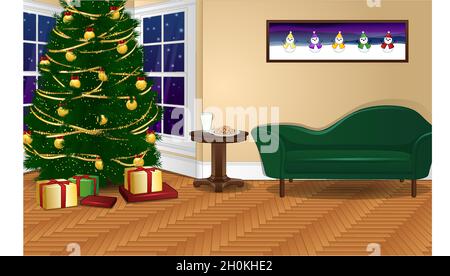 Wohnzimmer für Weihnachten dekoriert. Vektorgrafik Hintergrund Stock Vektor