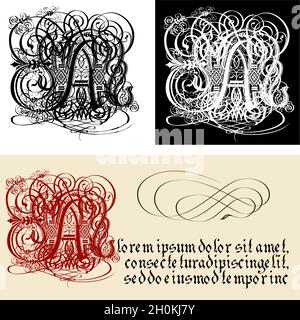Dekorativer gotischer Buchstabe A. uncial Fraktur Kalligraphie. Vektor EPS-10 durch Gruppen und Ebenen getrennt für einfache Bearbeitung. Stock Vektor