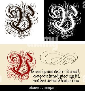 Dekorativer gotischer Buchstabe V. uncial Fraktur Kalligraphie. Vektor EPS-8 durch Gruppen und Ebenen getrennt für einfache Bearbeitung. Stock Vektor