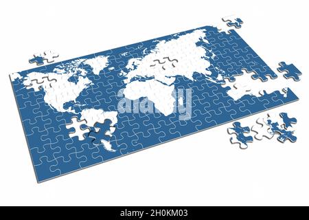 3D-Illustration. Weltkarte Puzzle isoliert auf weißem Hintergrund. Stockfoto