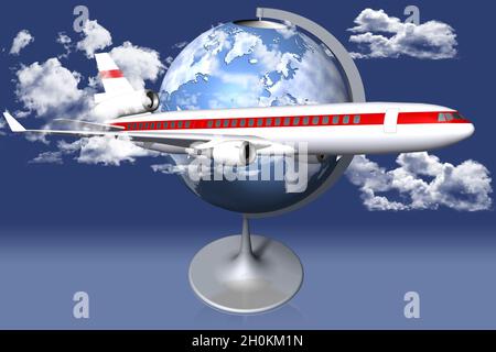 3D-Illustration. Flugzeug im Vordergrund. Hintergrund Weltkarte, Himmel und Wolken. Stockfoto