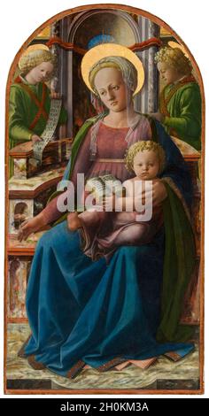 Madonna mit Kind, thronend mit zwei Engeln, Gemälde von Fra Filippo Lippi, um 1440 Stockfoto