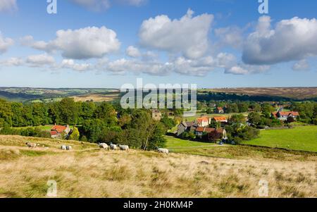 Englisches Dorf flankiert von Bäumen, hohen Gräsern und ein paar Schafen, die alle unter hellblauem Himmel mit flauschigen Wolken in Goathland, Yorkshire, Großbritannien, grasen. Stockfoto