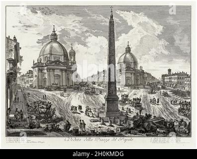 Ansicht der Piazza del Popolo von Vedute di Roma (Ansichten von Rom), Radierung von Giovanni Battista Piranesi, 1776 Stockfoto