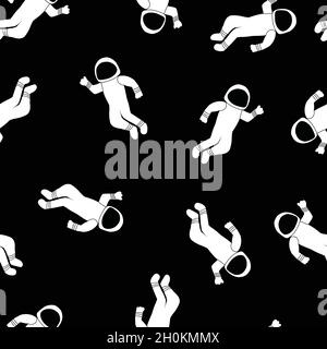 Nahtloses Vektor-Muster von Astronaut. Astronauten fliegen im Weltraum wiederholenden Hintergrund schwarz weiß. Verwenden Sie für Stoff, Tapete, Kindermode, Verpackung. Stock Vektor