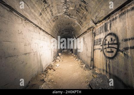 Alte gesprengte Überreste von einigen Bunkern der Siegfried Line entlang der Grenze, unterirdische Festungen, Luftabwehrpositionen und Luftschutzkeller Stockfoto