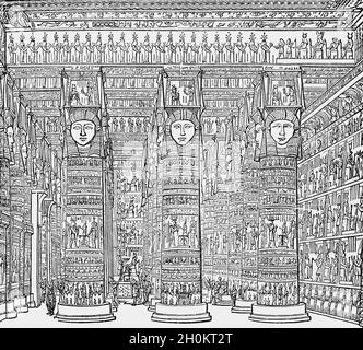 Eine Illustration des Innenraums des ägyptischen Dendera-Tempels aus dem späten 19. Jahrhundert. Dendera war eine Oase am Ufer des Nils, wo pharao Pepi I (ca. 2250 v. Chr.) auf dem Gelände gebaut und es gibt Beweise für einen Tempel in der achtzehnten Dynastie (ca. 1500 v. Chr.). Die bestehende Struktur begann den Bau in der späten ptolemäischen Zeit zur Zeit von Ptolemäus Auletes im Juli 54 v. Chr. Stockfoto