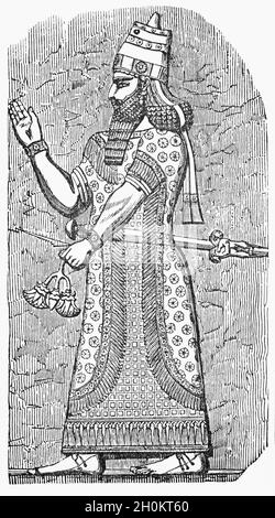 Ein Porträt von Tiglath-Pileser II. Aus dem späten 19. Jahrhundert war ein prominenter König von Assyrien im achten Jahrhundert v. Chr., der von 745–727 v. Chr. regierte und fortgeschrittene zivile, militärische und politische Systeme in das neo-assyrische Reich einführte. Er nahm weitreichende Änderungen an der assyrischen Regierung vor, verbesserte ihre Effizienz und Sicherheit erheblich und schuf die erste professionelle Armee Assyriens. Stockfoto