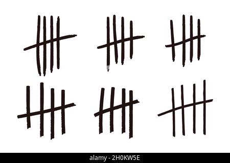 Legen Sie die Strichmarkierungen oder Striche fest, die von Hand isoliert auf weißem Hintergrund gezeichnet werden. Die Anzahl der Wartenden im Gefängnis an der Wand wird gezählt. Grunge-Hub. . Vektorgrafik Stock Vektor