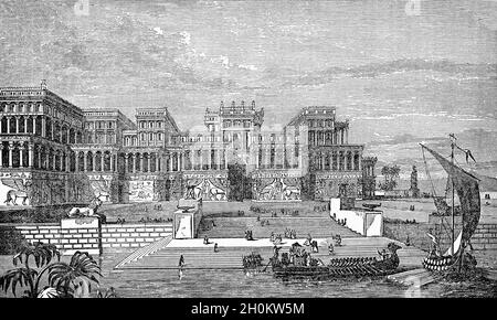 Eine Illustration des Königspalastes in Ninive, einer alten assyrischen Stadt in Obermesopotamien, die am Stadtrand von Mosul im heutigen Nordirak liegt, aus dem späten 19. Jahrhundert. Es liegt am östlichen Ufer des Tigris und war die Hauptstadt und größte Stadt des neo-assyrischen Reiches sowie die größte Stadt der Welt für mehrere Jahrzehnte. Stockfoto