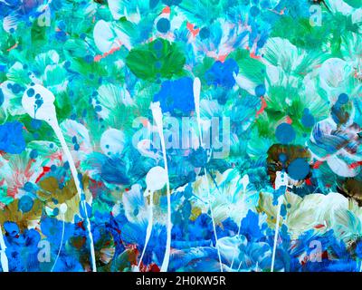 Blau und grün kreative abstrakte Blumen handbemalte Textur, Kunst Hintergrund, Acrylmalerei auf Leinwand. Moderne Kunst. Zeitgenössische Kunst Stockfoto