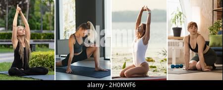 Zusammengesetztes Bild von Aufnahmen schöner sportlicher Frauen in Sportbekleidung, die im Freien und drinnen Yoga-Übungen machen. Konzept eines gesunden Lebensstils Stockfoto