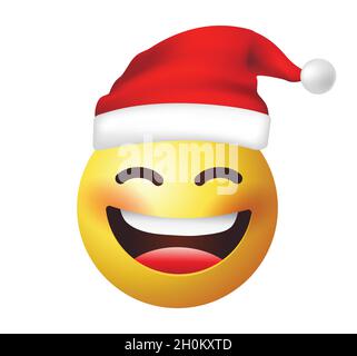 Hochwertiger Emoticon-Vektor auf weißem Hintergrund. Weihnachtsmann-Emoji. Gelbes Gesicht lachende Emoji. Trend-Emoticon. Weihnachtsemoticon. Stock Vektor