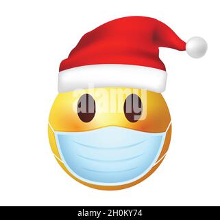 Hochwertiges Emoticon auf weißem Hintergrund. Weihnachtsmann-Emoticon mit medizinischer Maske. Maske Emoji-Vektor-Illustration. Trend-Emoticon. Stock Vektor