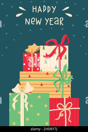 Vektor-Illustration mit einem Stapel von Weihnachtsgeschenken. Frohes neues Jahr. Stock Vektor