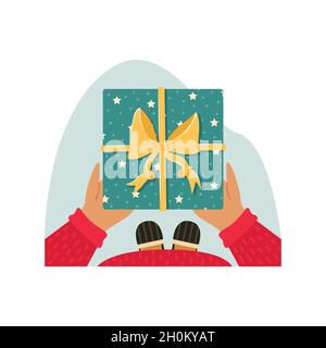 Ein Mann in Schlafanzug und Pantoffeln hält ein Weihnachtsgeschenk in den Händen. Illustration zum neuen Jahr Stock Vektor