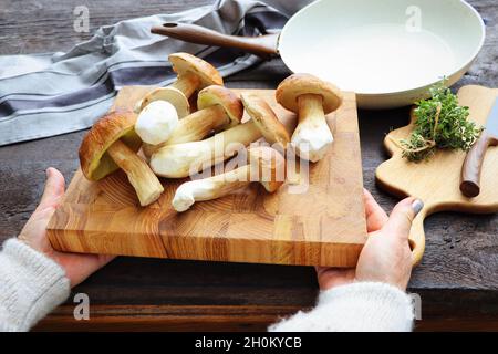Frau mit frischen Waldpilzen auf dunklem Hintergrund, Herbst-cep-Pilzen. Pilze sammeln und kochen Stockfoto