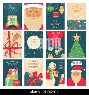 Ein Satz von 12 Weihnachtskarten. Illustrationen zum neuen Jahr. Stock Vektor