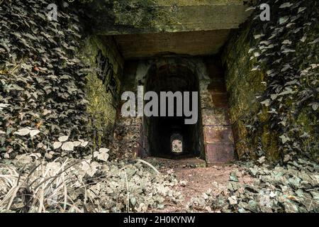 Alte gesprengte Überreste von einigen Bunkern der Siegfried Line entlang der Grenze, unterirdische Festungen, Luftabwehrpositionen und Luftschutzkeller Stockfoto