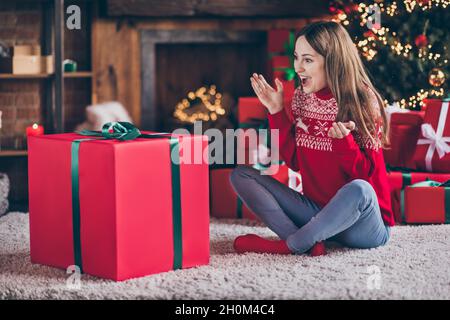 Foto von niedlichen beeindruckt reifen Dame tragen roten Pullover lächelnd immer weihnachten große Geschenk-Box drinnen Haus Hauszimmer Stockfoto