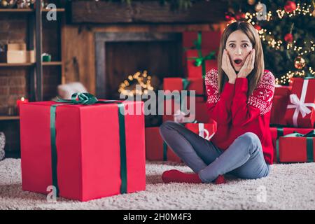 Foto von süß schockiert junge Frau gekleidet roten Pullover immer neue Jahr große Geschenkbox Arme Wangen lächelnd drinnen Zimmer Haus Stockfoto