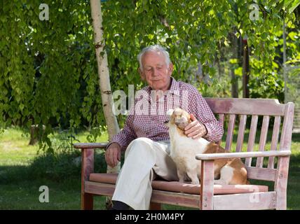 Alter Mann kuschelt Hund auf Bank im Garten im Frühjahr Stockfoto