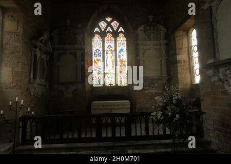 Fawsley Church St. Marys Glasmalerei aus Sulgrave Manor und der Familie Washington, auch Familie Knightley Stockfoto