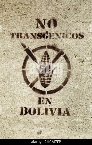 Symbol „Keine transgenen Kulturen in Bolivien“, das auf Straßenbelag, La Paz, Bolivien, gesprüht wurde Stockfoto