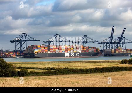 Das Bild vom 12. Oktober zeigt die Türme der Container im Hafen Felixstowe in Suffolk, die am Dienstagmorgen auf die Abholung warten.aufgrund des Mangels an LKW-Fahrern besteht ein Rückstand, der dazu führt, dass die Container im Hafen bleiben und nicht an die Fabriken und Läden im ganzen Land liefern. Im Hafen von Felixstowe werden heute Morgen (Di) riesige Türme aus mit Weihnachtsgütern gefüllten Containern gestapelt, die auf die Abholung warten. Der größte Containerhafen hat sich in den letzten Wochen stark überlastet und kämpft nun mit dem Volumen der vorbeifahrenden Fracht BritainÕs zurechtkommen Stockfoto