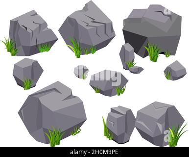 Vector Stein und Gras Set Vielfalt Form für Karikatur. Steine und Steine im isometrischen 3d-Flachstil. Set aus verschiedenen Felsbrocken. Cartoon oder Video GA Stock Vektor