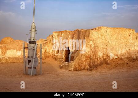 Verlassene Landschaft des Planeten Tatooine für die Dreharbeiten zu Star Wars in der Sahara Stockfoto