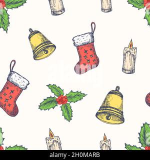 Weihnachten Hand Gezeichnet Vektor Nahtloses Hintergrundmuster. Geschenksocken, Kerze, Glocke und Mistelskizzen – Karte oder Deckblatt. Weihnachtsdekoration Stock Vektor