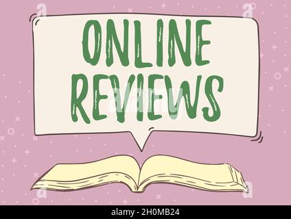 Handschriftentext Online Reviews. Konzeptfoto Produktbewertung Feedback von Kunden auf der Website veröffentlichen Open Book Illustration mit Vortrag Stockfoto