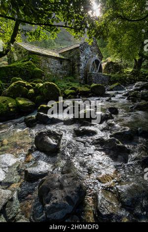 Abgeschiedene Wassermühle auf combe Gill im vertikalen Format des borrowdale Lake District Stockfoto