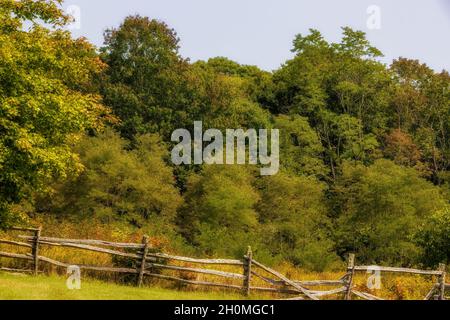 Hölzerner Eisenbahnzaun im Grayson Highlands State Park in Virginas Highlands in der Nähe von Mount Rogers und Whitetop Mountains. Wilde Ponys durchstreifen die malerische Gegend Stockfoto