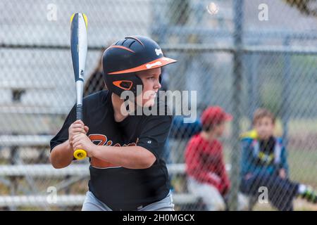 Junge Männer vor Teenagern, die sich auf den Ball konzentrieren, während sie Baseball in Uniform spielen Stockfoto