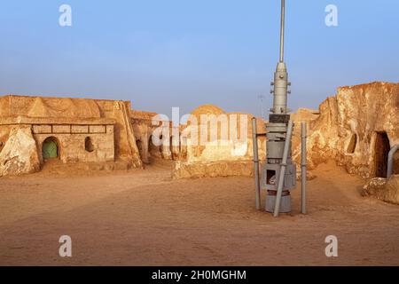 Verlassene Landschaft des Planeten Tatooine für die Dreharbeiten zu Star Wars in der Sahara Stockfoto