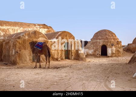 Verlassene Landschaft des Planeten Tatooine für die Dreharbeiten zu Star Wars in der Sahara Stockfoto