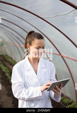 Junge hübsche Frau Agronomin im weißen Mantel mit Tablette Überwachung Sämlinge im Gewächshaus. Pflanzenpflege- und Schutzkonzept Stockfoto