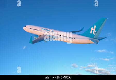 Blauer Wasserstoff füllt H2 Flugzeug fliegt am Himmel - H2 Energie Stockfoto