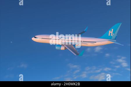 Blauer Wasserstoff füllt H2 Flugzeug fliegt am Himmel - H2 Energie Stockfoto