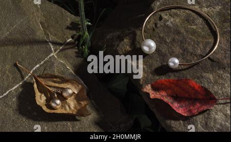 Goldenes Armband und Ohrringe auf Herbstblättern auf Stein Stockfoto