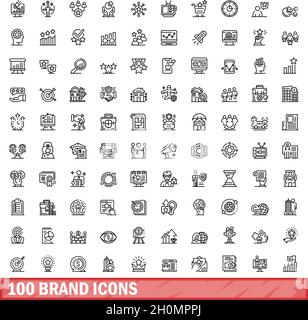 100 Markensymbole eingestellt. Skizzieren Sie die Darstellung von 100 Markensymbolen, die auf weißem Hintergrund isoliert sind Stock Vektor