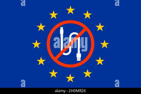 Blitzableiterkabel unter der Flagge der Europäischen Union verboten. EU-Vorschriften, die USB-C-Ladegeräte (Typ-C) für alle Telefone zwingen. Stockfoto