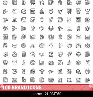 100 Markensymbole eingestellt. Skizzieren Sie die Darstellung von 100 Markensymbolen, die auf weißem Hintergrund isoliert sind Stock Vektor