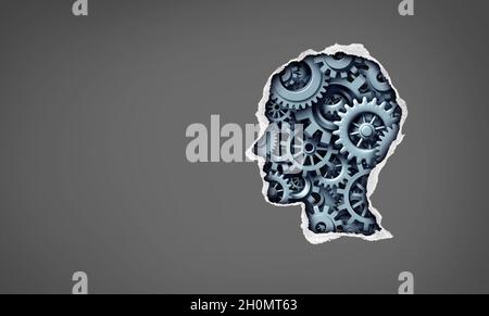 Im Inneren des menschlichen Denkens und der Psychologie oder Psychiatrie Konzept der psychischen Gesundheit als Kopf mit zerrissenem Papier als Zahnräder und Zahnräder im Inneren, die das Lernen darstellen. Stockfoto