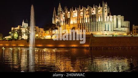 Kathedrale von Palma und Almudaina-Palast bei Nacht Stockfoto