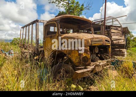 Pilcopata, Peru - 12. April 2014: In der Umgebung von Pilcopata ruht ein alter, rostiger und verlasser gelber Lastwagen, der von Unkraut umschlinft wird Stockfoto