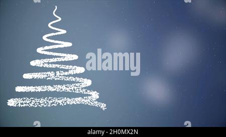 Animierter Weihnachtsbaum mit fallenden Schneeflocken auf blauem Hintergrund. Weihnachtsstimmung Stockfoto